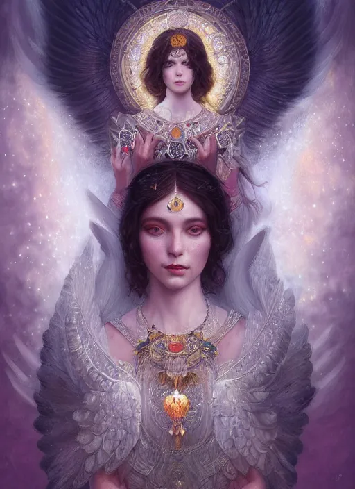 Image similar to A beautiful digital painting of a female Seraphim full of jewels, princess, the moon behind her, intricate, cinematic lighting, highly detailed, digital painting, Artstation, concept art, smooth, sharp focus, illustration, art by Tom Bagshaw, Artgerm and Greg Rutkowski