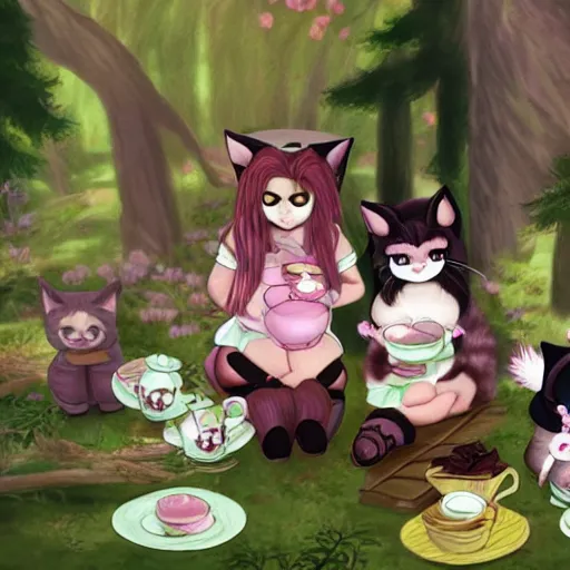 Prompt: grumpy catgirls in a forrest having a tea party fantasy detailed