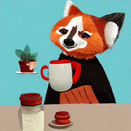 Prompt: anthropomorphic red panda drinking coffee in a cafe, character art, painting, trending on artstation