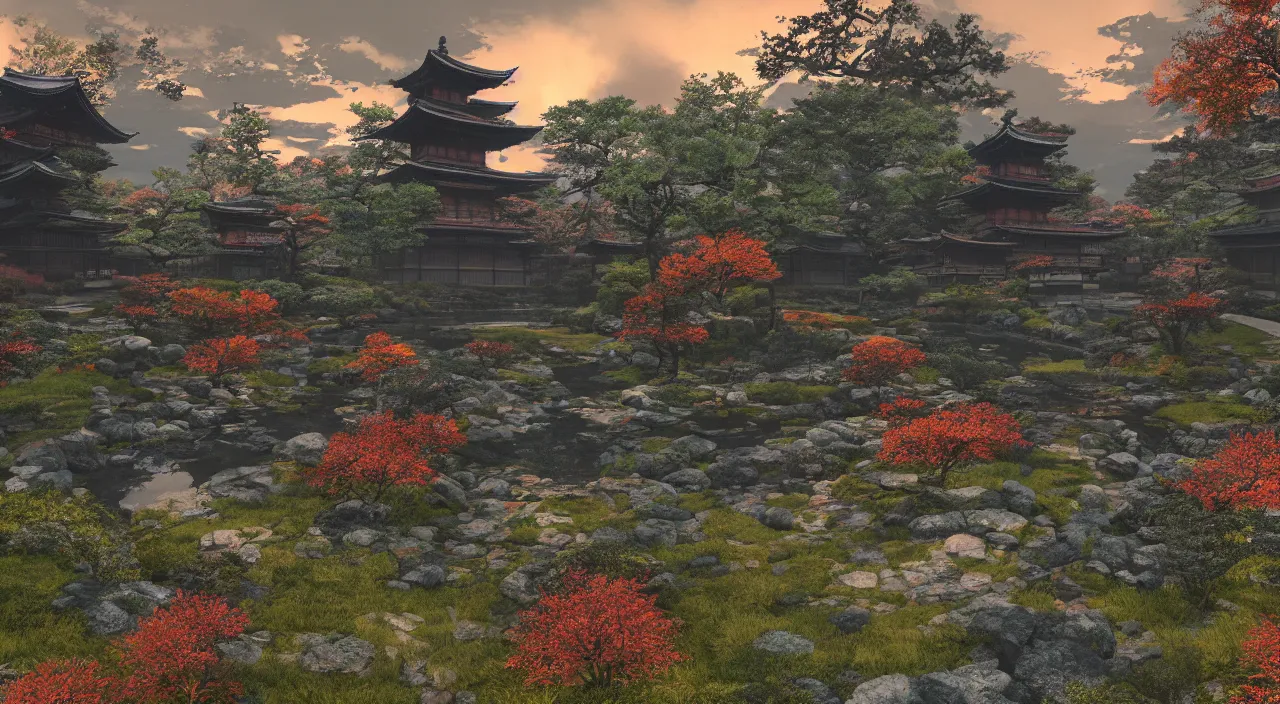Prompt: Japanese garden at dusk based on the style of the game Sekiro, colorful, very detailed, realistic, photo