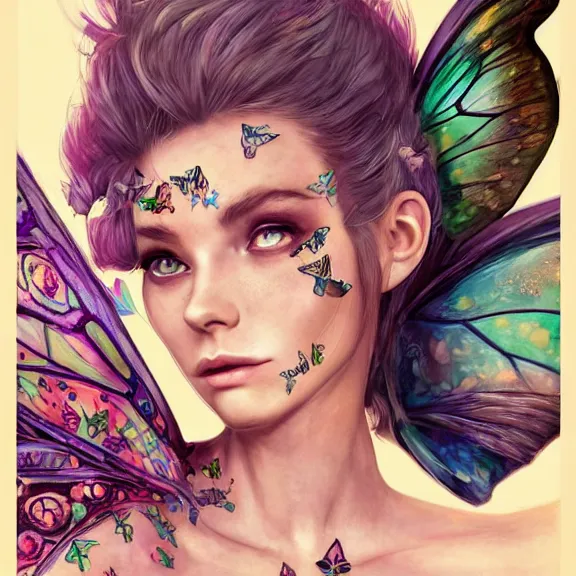 Prompt: portrait of a pretty Fairy with nice cheekbones, runes tattos on her cleavage, vibrant big opened butterfly wings on her back and, body covered by leafs, D&D, fantasy, highly detailed, digital art, trending on artstation, smooth, sharp focus, illustration, art by Peter Tang and artgem