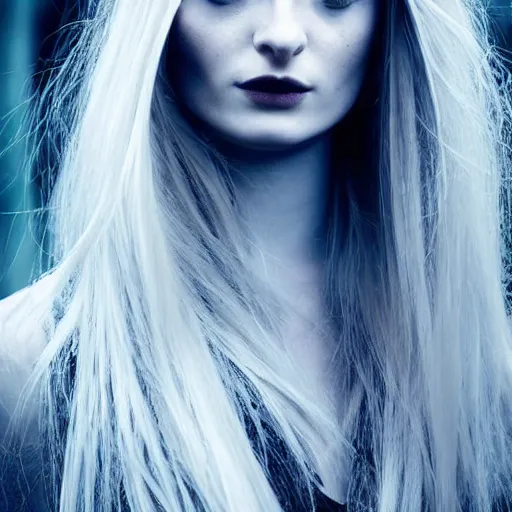 Image similar to modeling photograph sophie turner, blonde, beautiful, dark, mysterious, bubble goth, detailed symmetrical face, half body shot, fog dramatic, teen