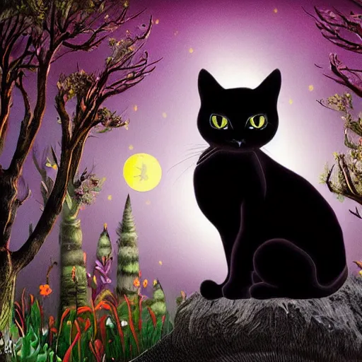 Prompt: little black cat in the fantasy forest, shining in the moonlight