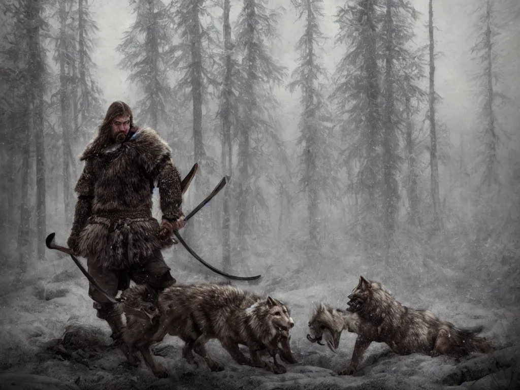 Image similar to epic portrait an male viking fighting with an wolf during blizzardy winter weather, blurry forest backround, brutal, digital painting, artstation, concept art, soft light, hdri, smooth, sharp focus, illustration, fantasy, intricate, elegant, highly detailed, D&D, matte painting, in the style of Greg Rutkowski and Alphonse Mucha and artemisia, 8k, highly detailed, jurgens, rutkowski, bouguereau, pastoral, rustic, georgic, detailed concept art, illustration, colorful pastel, painting, detail, ultra detailed, digital art, 4K,