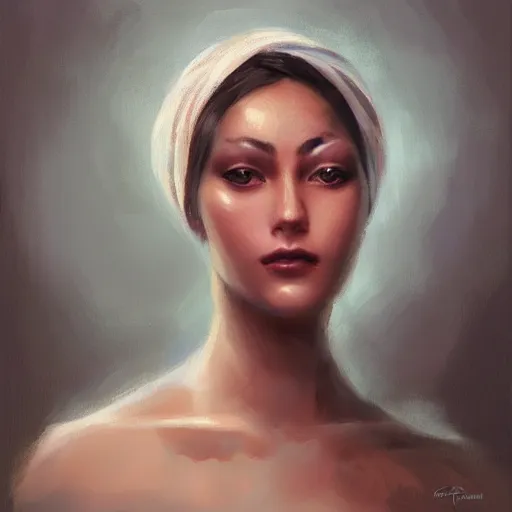 Prompt: A oil painting of a beautiful girl wearing a headscarf, centered face, intricate complexity, rule of thirds, face by Artgerm, character concept, dramatic lighting, complementary colors,by charlie bowater.