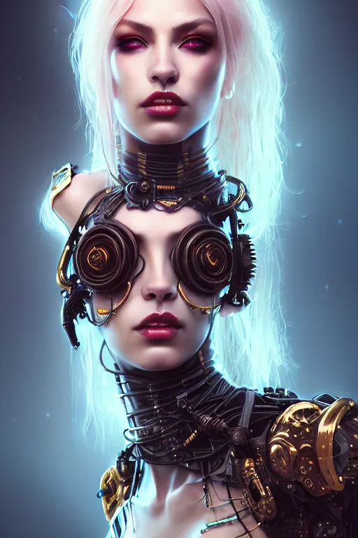 Image similar to soft lustrous ivory ebony raver gutter punk gothic cyborg, golden ratio, flowerpunk, details, scifi, fantasy, cyberpunk, intricate, decadent, highly detailed, digital painting, octane render, artstation, concept art, smooth, sharp focus, illustration, art by artgerm, loish, wlop