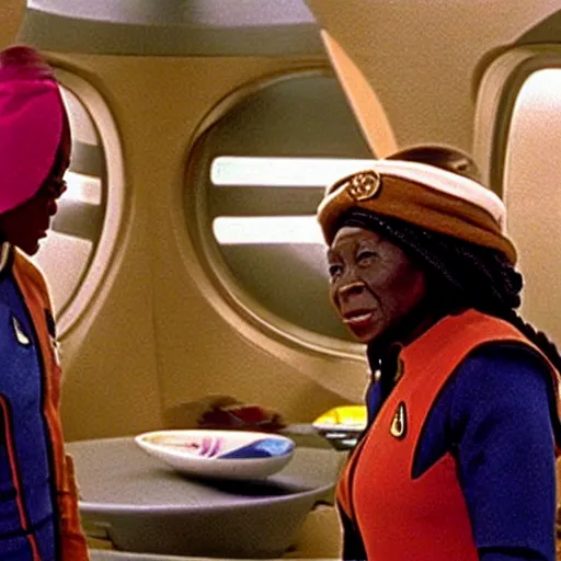 Prompt: guinan from star trek wearing random kitchen tools on her head on the starship enterprise, whoopi goldberg