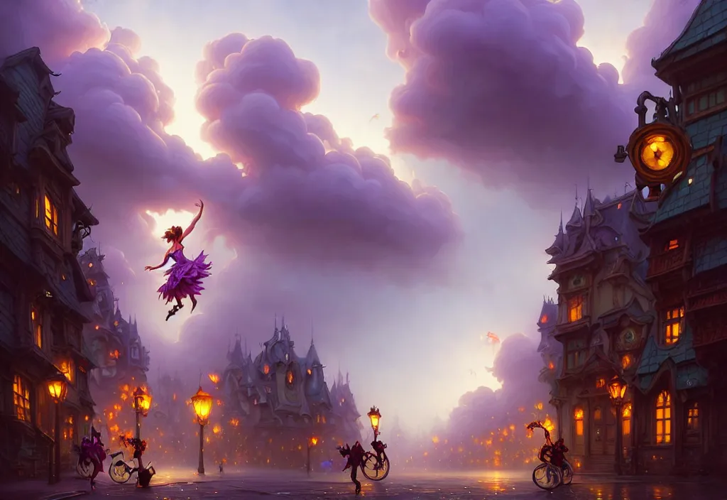 Image similar to funk dance girls going crazy on the street layered clouds, deep focus, fantasy, intricate, elegant, highly detailed, digital painting, artstation, concept art, matte, sharp focus, illustration, hearthstone, art by rhads and artgerm and greg rutkowski and alphonse mucha. gediminas pranckevicius