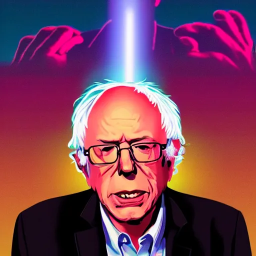 Image similar to bernie sanders with laser beams coming out of his eyes, synthwave