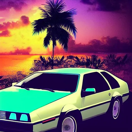 Prompt: deep dark style alien dark sunset electronic machine monster vibrant colours miami beach sunset vapor wave palm trees 80s synth retrowave delorean decal car wide shot epic post apocalyptic landscape miami nuke fire craters