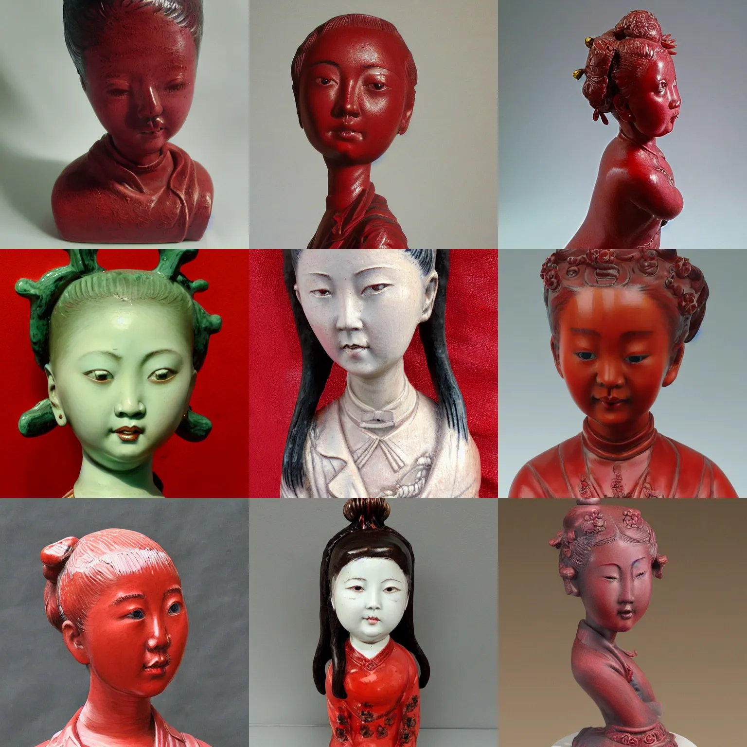 Prompt: portrait of girl statue made from chinese porcelain brush with face hand painted with iron red dragons tatooed