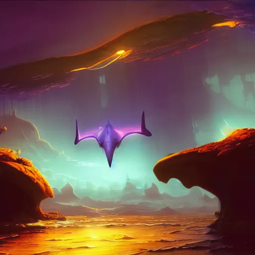 Image similar to ghostly transluscent manta rays floating in an amber atmosphere, sci fi concept art by tyler edlin, antoine blanchard, thomas cole