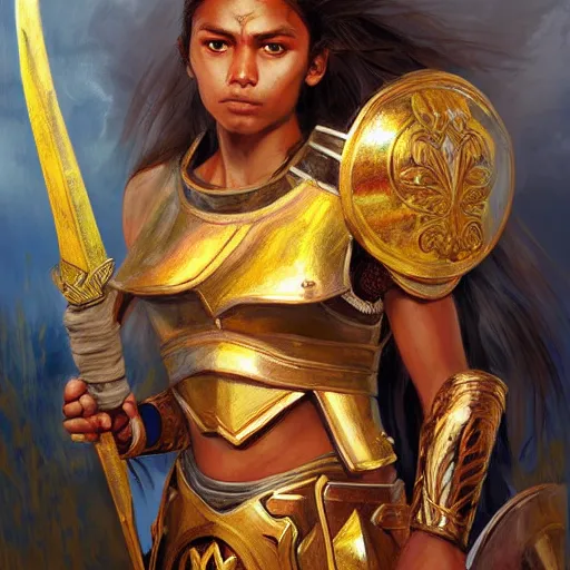 Image similar to highly detailed painting of a warrior goddess with maldivian, tan skin, blue eyes, golden armor with cape and brown hair high fantasy art by jon foster trending on arstation