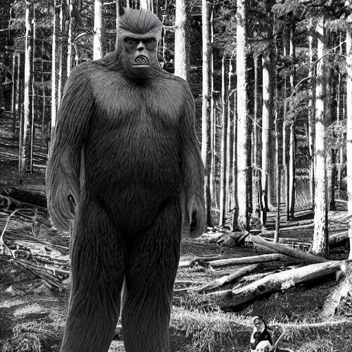 Image similar to donald trump as bigfoot, cryptozoology photograph, forest, setting,