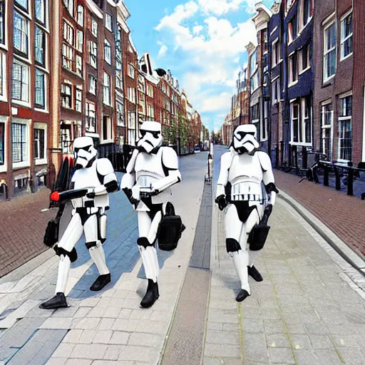 Prompt: stormtroopers walking in amsterdam, digital art