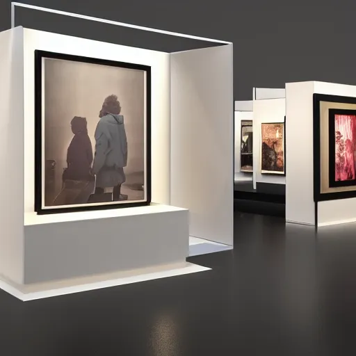 Image similar to an exhibition booth showing modern art, 4 k, photography, highly detailed, cinematic lighting, journalism
