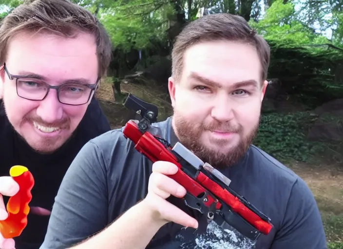 Image similar to a picture of youtuber ian mccollum of forgottenweapons, displaying an advanced gummy blaster