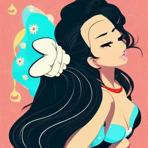 Prompt: beautiful curvy woman with long black hair, tanned skin. she is wearing a dress and mickey ears. detailed face. clean cel shaded vector art. shutterstock. behance hd by lois van baarle, artgerm, helen huang, by makoto shinkai and ilya kuvshinov, rossdraws, illustration,