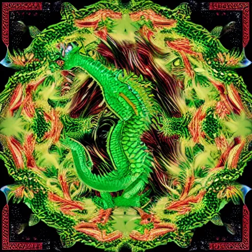 Image similar to rhaegal, green dragon, surrounded by rosebuds in fractal patterns