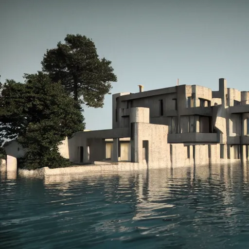 Image similar to brutalist villa on edge of a lake, antoni gaudi and le corbusier, photorealistic, cinematic, volume light, rendered in octane, artstation