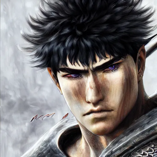 Image similar to photorealistic portrait of guts from berserk extremely detailed, made by wlop and maxwell boas