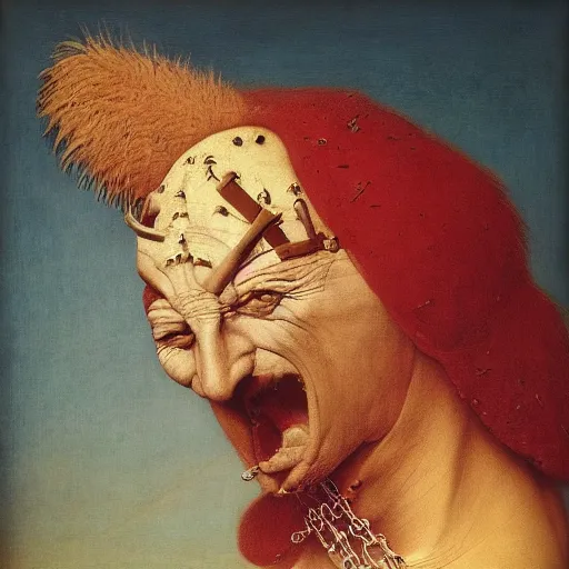 Image similar to Feathers Eyes Beak beak neck Exterior Desert Oasis ripped physique demonic vulture wearing a man costume whilst wearing chains leg irons giorgio de chirico giotto leonardo da vinci Jan Van eyck bastien lecouffe-deharme zdizlaw beksinski odd nerdrum dragan bibin john steuart curry dan witz