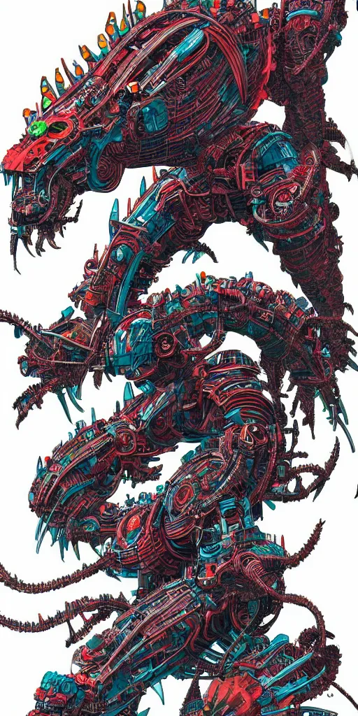 Prompt: a detailed design drawings of a colorful cyberpunk mechanical kaiju creature by hasuka and by katsuhika hokusai trending on artstation