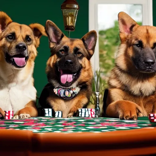 Prompt: German Shepherd, Boxer, Corgi, Golden Retriever playing poker