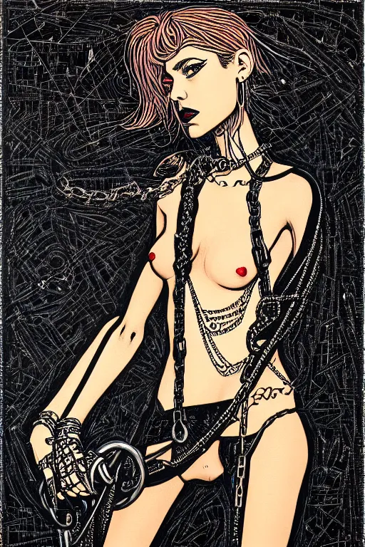 Image similar to dreamy rock girl with beautiful body, black leather and chains, detailed acrylic, heavy metal, intricate complexity, by dan mumford and by alberto giacometti, peter lindbergh, malevich, william stout