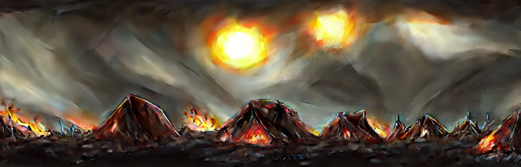 Prompt: You step out of the tent and are about to start running when it suddenly gets incredibly bright, Tents are on fire. you hear screams You look up, Mighty zeppelins hover in the sky above you, cruise missile strikes, a little further away, a camp is bombarded from the air, intricate and epic concept art, highly detailed, 8k, cinematic