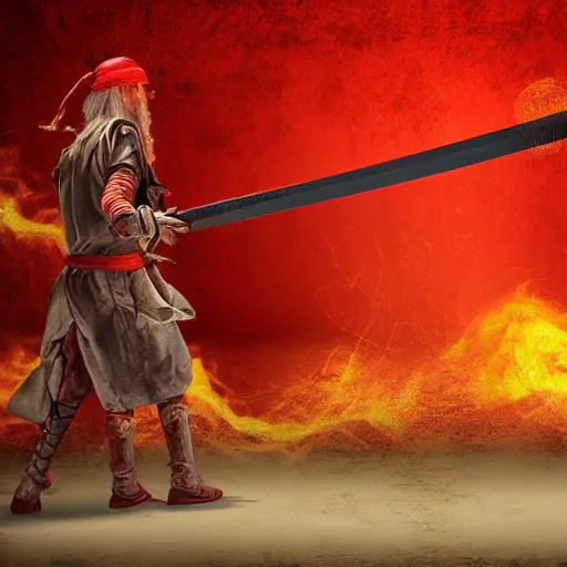 Prompt: a red fire is projecting the shadows of a sword fight between two pirates on a beige wall. high details, intricate, high quality digital art rendering.