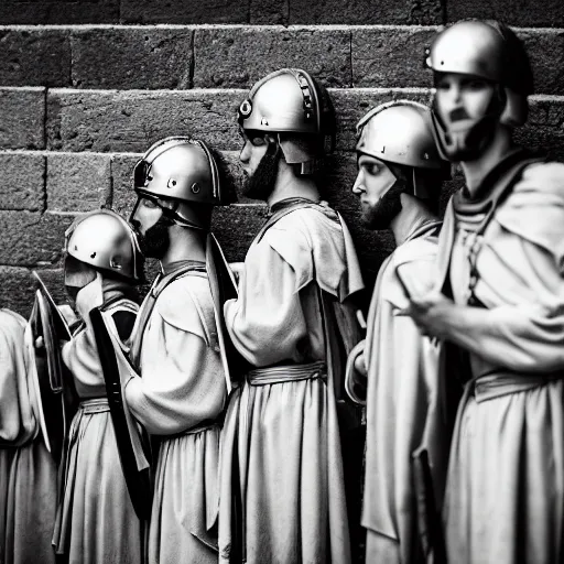Prompt: photography portrait of a group of roman soldiers holding cell phones, roman empire, leica 1 0 0 mm f 0. 8