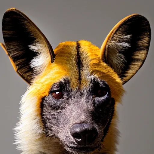 Image similar to A photo of the world's greatest sheriff: an african painted dog dressed in a hat!