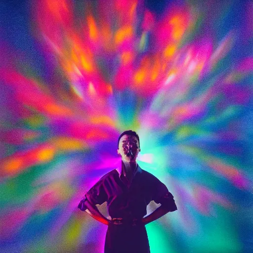 Image similar to a human exploding with color light, studio medium format photograph