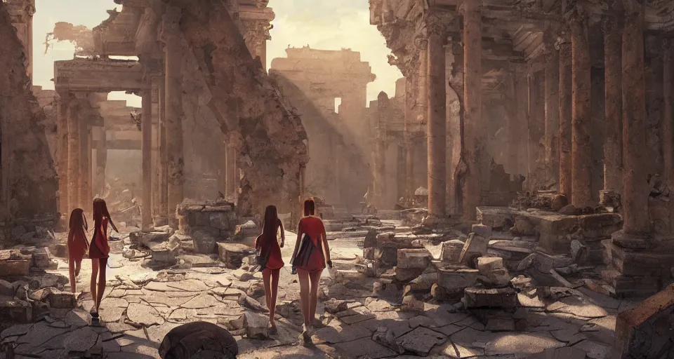 Image similar to Shool girls walking through the interior of an mytical and ancient temple in ruins, hyperdetailed, artstation, cgsociety, golden hour 8k