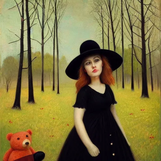 Prompt: a girl standing in a park, alone, wearing black dress and hat, holding teddy bear, detailed hands, by andrea kowch, dark, scene, magic realism