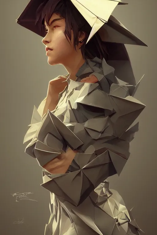 Image similar to origami garbage collector, highly detailed, digital painting, Trending on artstation , HD quality, by artgerm and greg rutkowski and alphonse mucha, dramatic light, octane