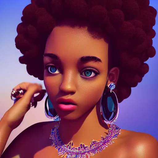 Image similar to young, super cute funky black girl, afro, intricate hair details, jewellery, big hooped earrings, long nails, off the shoulder shirt, sultry look, soulful, pouty lips, adorable, disney, real life, octane render, 8 k, volumetric lights, rim light, character details, 3 d, award winning, model, beautiful, gorgeous