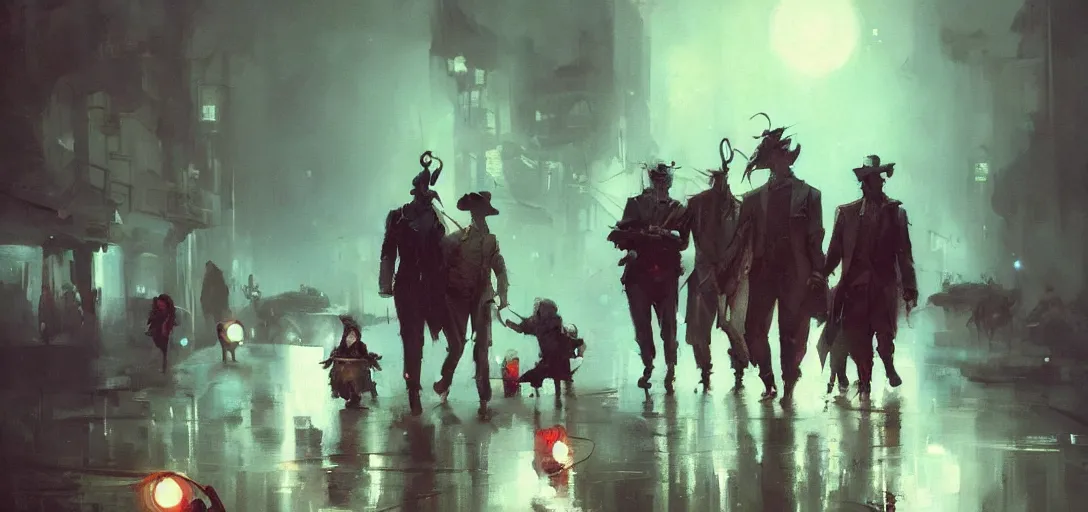 Prompt: beautiful painting of a gang at night, by Sergey Kolesov, Stanley Artgermm, Tom Bagshaw, Greg Rutkowski, Carne Griffiths, trending on Artstation, 8k, masterpiece, graffiti paint, dishonored, fine detail, full of color, intricate detail
