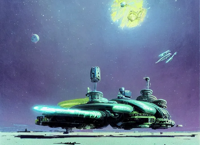 Image similar to a huge vividly - coloured spacecraft in an empty landscape by martin deschambault, dean ellis, peter elson, josan gonzalez, david a hardy, john harris, wadim kashin, angus mckie, bruce pennington, retro 1 9 8 0 s sci - fi art