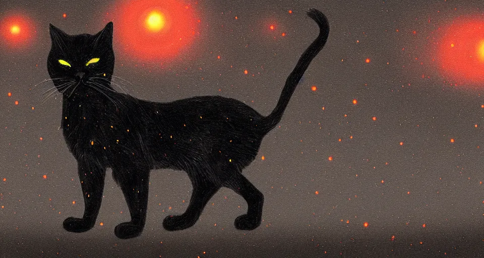 Image similar to black cat with glowing eyes walking around in a dark open field at midnight with fireflies in the air and lots of stars in the sky, digital painting, highly detailed, magical, trending on artstation