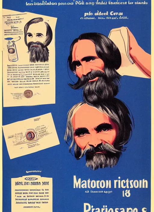 Prompt: vintage pharmaceutical advertisement depicting charles manson as a member of the blue man group