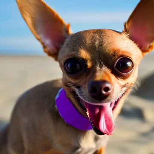 Prompt: photo of a tan chihuahua with his tongue sticking out at the beach