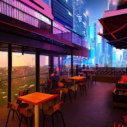 Prompt: Cyberpunk Cafe Terrace at night