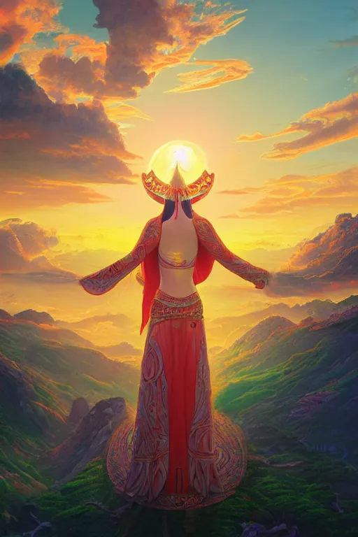 Image similar to the high Priestess of the sun god greets the rising sun, 8k resolution digital painting by David LaChapelle and Alena Aenami and Peter Mohrbacher, cinematic morning light