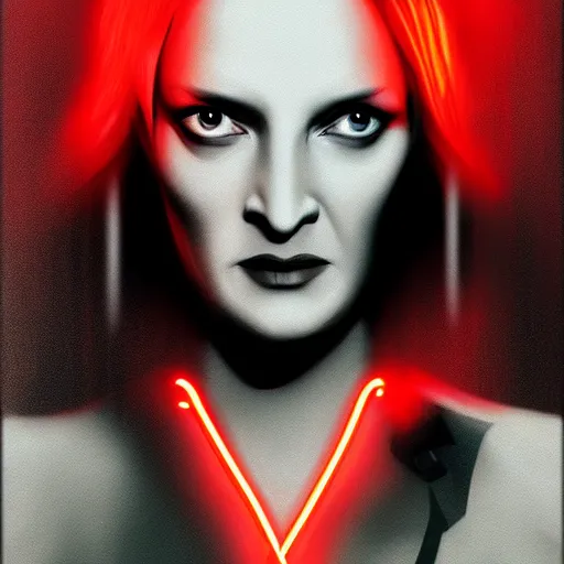 Image similar to uma thurman in killl bill, red and white neon, concept art, intricate details, highly professionally detailed, cgsociety, highly detailed -