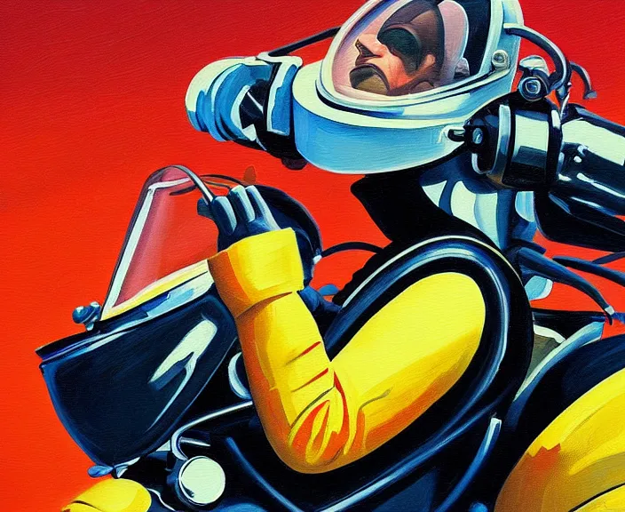 Image similar to a very detailed painting of a astronaut wearing a suit, riding a motorbike down a street, harley davidson motorbike, worm's - eye view, very fine brush strokes, very aesthetic, very futuristic, in the style of edward hopper and grant wood and syd mead, 4 k,