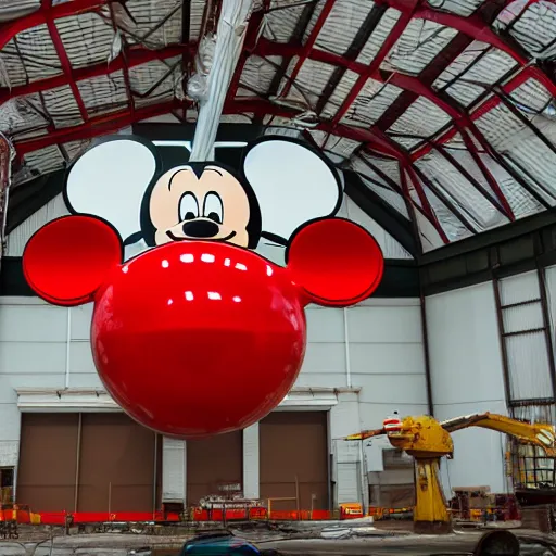 Prompt: gigantic hugh giant plastic statue mickey mouse's gead inside a dark hangar getting repaired, red light, shot from floor level