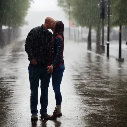 Image similar to an 8 k photo of a couple holding hands while kissing in the rain