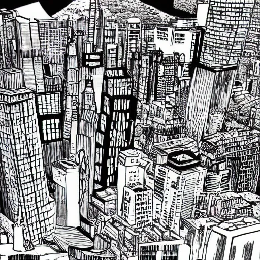 Prompt: city landscape done in death note cartoon style